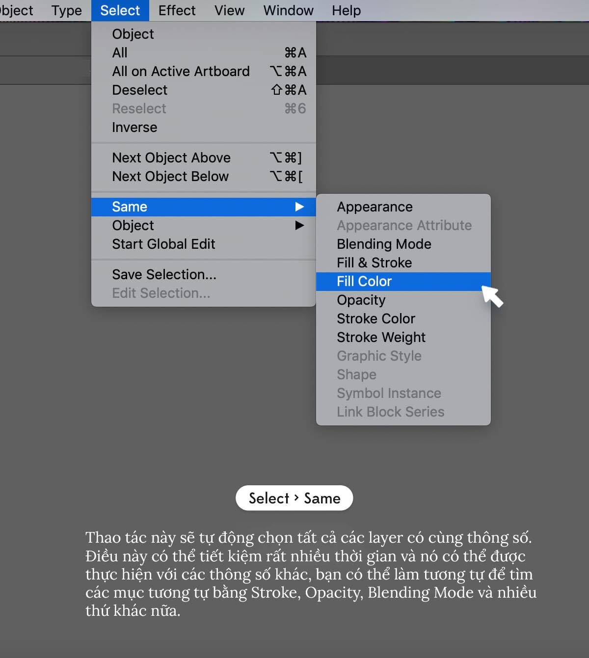 Chọn layer cùng màu trong Illustrator