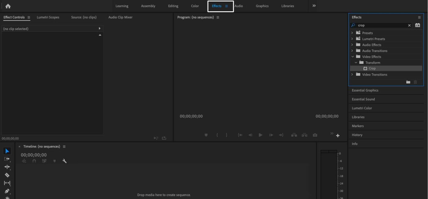 Giao diện tìm kiếm Crop Effect trong Premiere Pro