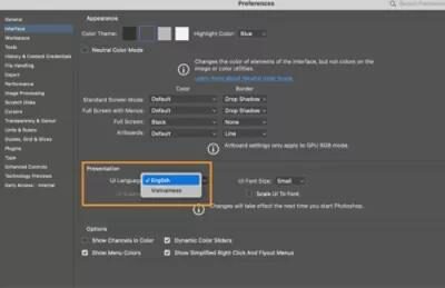 Thay đổi cài đặt giao diện ngôn ngữ trong Photoshop